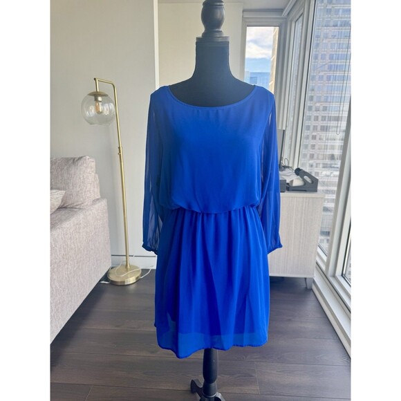 Express Bright Blue Long Sleeve Cinched Waist Mini Dress Size Medium NEW! - Picture 1 of 5
